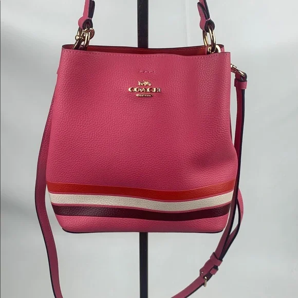 Coach Small Town Bucket Bag crossbody Pink White Red Striped Gold Zip pocket - Picture 1 of 16